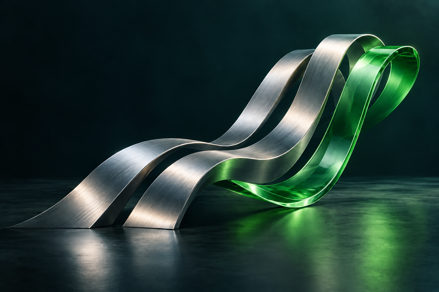 Nastri di metallo e vetro verde che convergono in una direzione comune